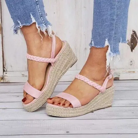 

EOEODOIT Summer Wedges Heel Sandals Plus Size Open Toe Slip On Two -Way - Wear Platform Pumps Sandals Slippers Hemp Heel Fashion