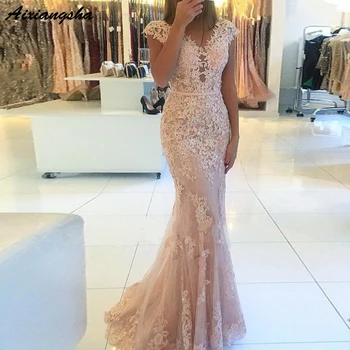 

Latest Fashion Cap Sleeve Mermaid Formal Evening Gown Sexy robe de soiree Lace Prom Long Elegant Dresses