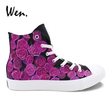 Вэнь оригинальные окрашены вручную обувь фиолетовые розы цветочные Дизайнерские кроссовки Женская парусиновая обувь мужские высокие плимсоллы цветочные плоские