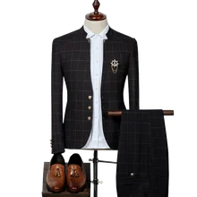 Mens Plaid Suits Latest Designs Chinese Style Stand Collar Business Slim Fit Groom Wedding Suit Formal Wear (Jacket+Pants) tian qiong mens black wool suits latest coat pant designs chinese style stand collar slim fit groom wedding suit formal wear