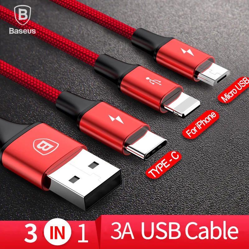 Baseus 3в1 2в1 USB кабель для iPhone X 8 7 6 Micro кабель type usb C кабель для samsung S9 S8 Быстрая зарядка кабель зарядного устройства 3A шнур