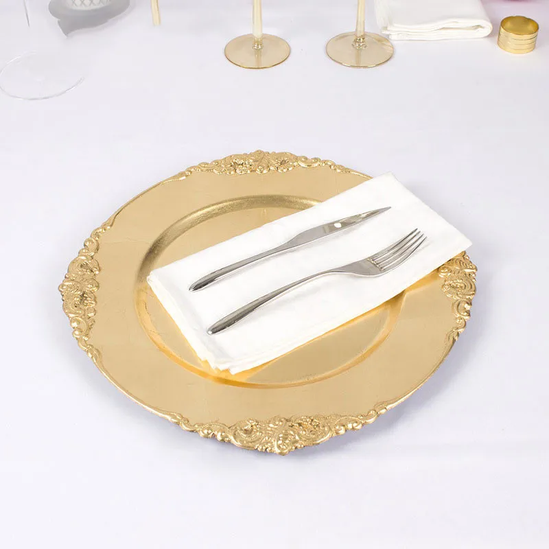 Элегантный Золотой пластик зарядки тарелки вечерние диск стейк западное блюдо Свадебные salver 25 шт. Добро пожаловать дропшиппинг