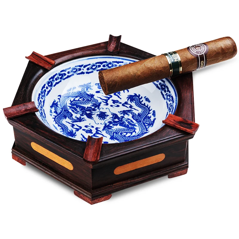 

Cigar ashtray retro solid wood blue and white porcelain home living room large ceramic ashtray