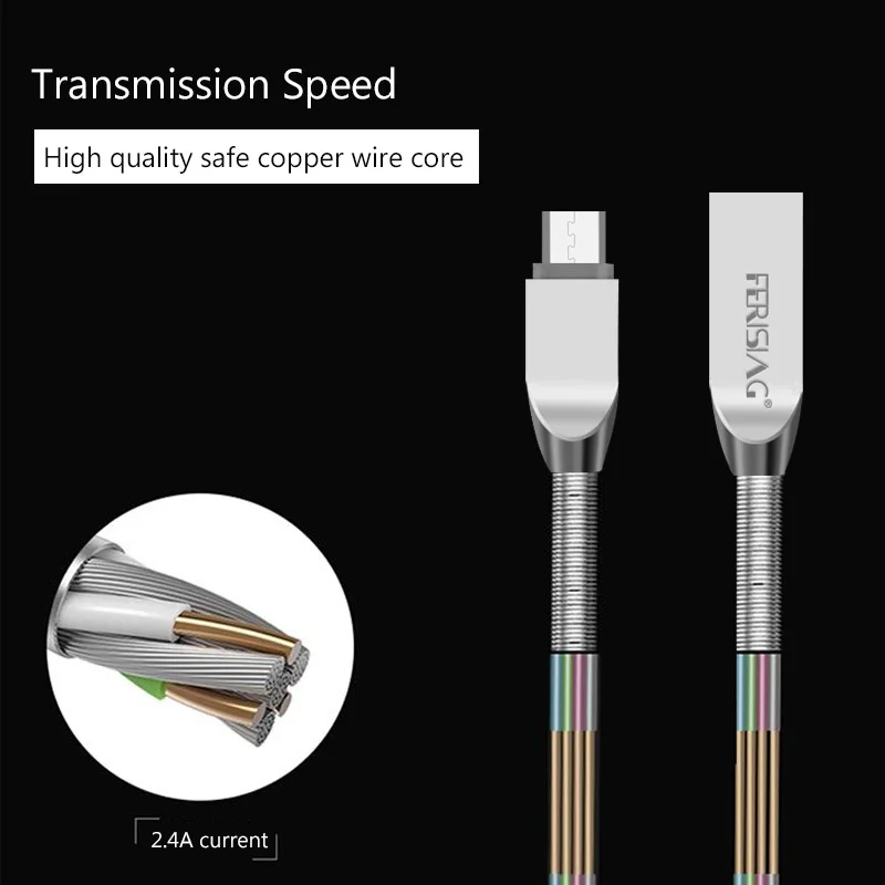 FERISING 2.4A пружинный Металлический Micro USB кабель 1 м Micro USB кабель для передачи данных Универсальный Android телефон зарядное устройство кабель для samsung, Xiaomi, htc