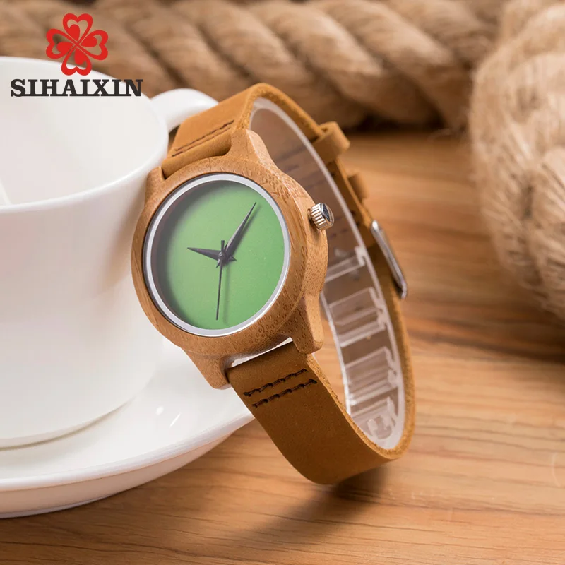 

SIHAIXIN Casual Antique Bamboo Women Watch Leather Ladies Quartz Slim Women Bracelet Green Clock Wood Relogio Feminino As Female