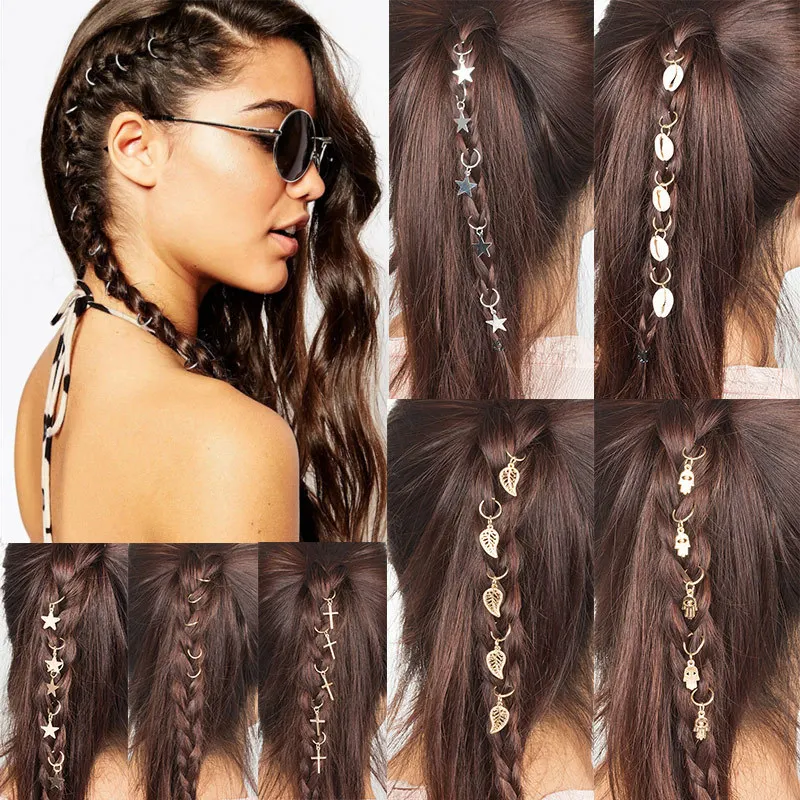 

5Pcs/Set Women Personality Braid Gold Silver Ring Hair Clip Pin Accessory DIY Stars Leaves Circles Shells Shape Hip Hop Gift