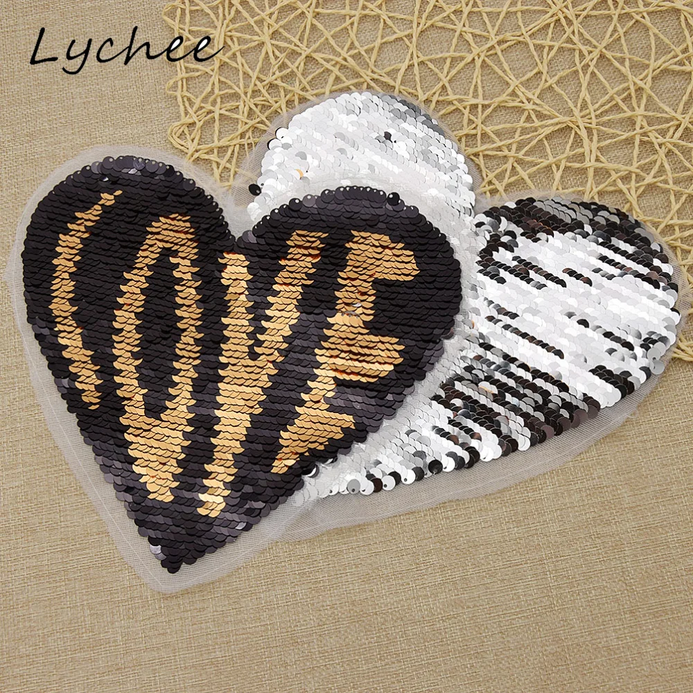 

Lychee Reversible Sequins Love Paris You Letters Square Patch Embroidery Love Heart Shape DIY Sewing Patches Accessories