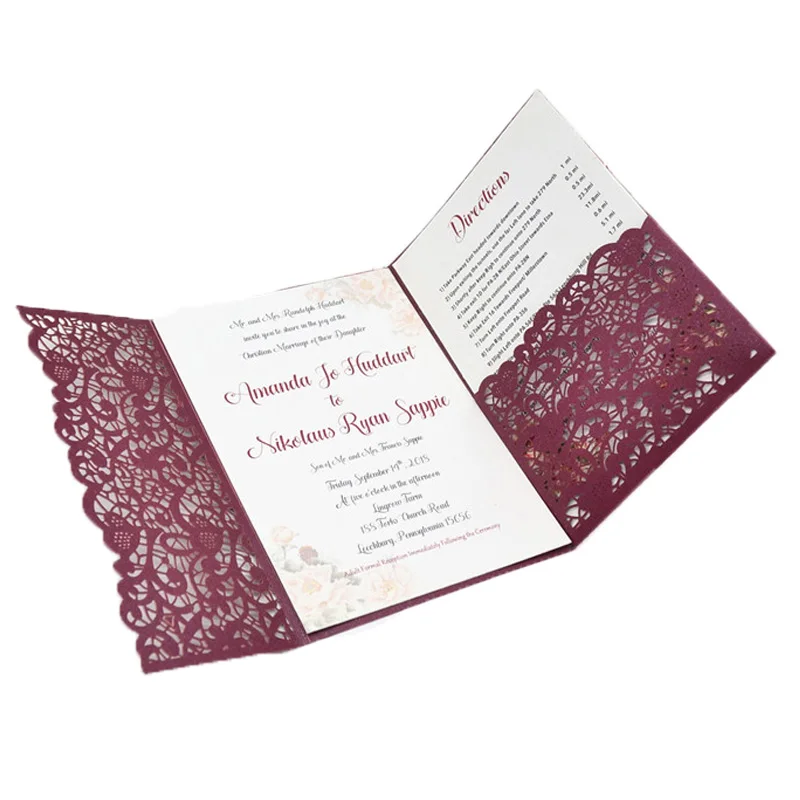 

burgundy red wedding invitation cards trifold invitation card with pocket laser cut card invitation wedding envelope