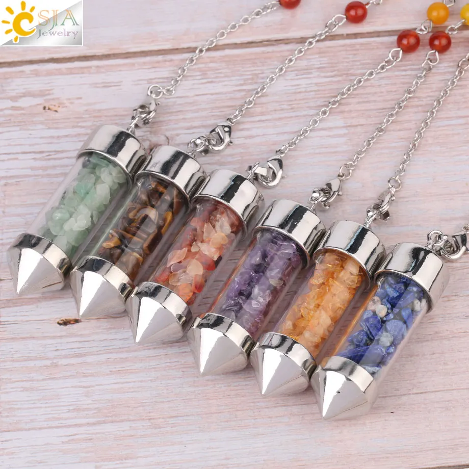 CSJA New Arrival 7 Chakra Wishing Bottle Pendulum Reiki Natural Chip Stone Pendant Necklace for Women Men Divination Amulet F976