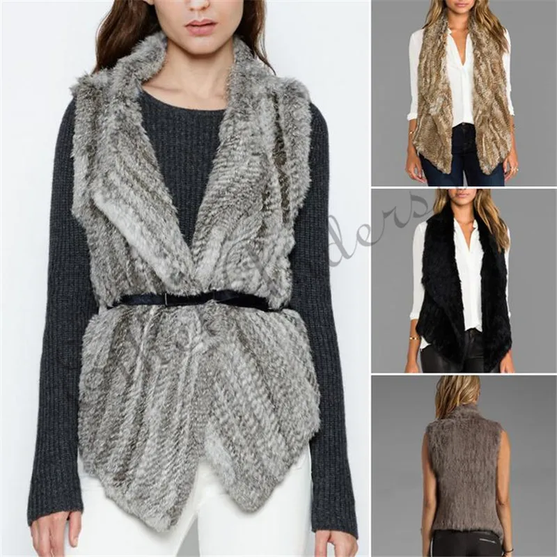 

ETHEL ANDERSON Women's Real Genuine Knitted Gilet Rabbit Fur Vest Turn Down Collar Pockets Simple Fashion All-matchedS tyle