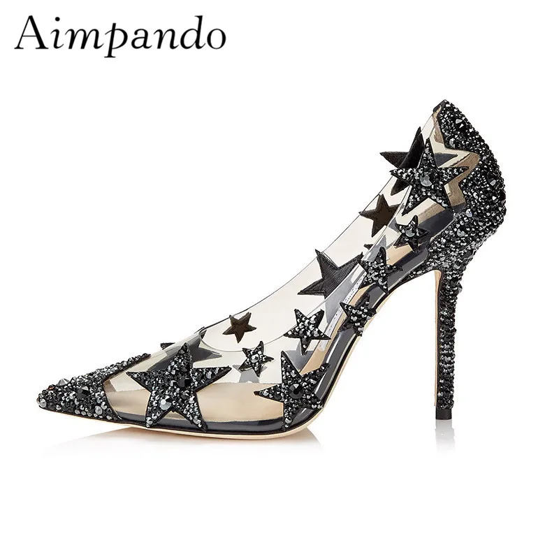 

Sexy PVC Transparent Party Shoes Woman Thin High Heels Pointed Toe Black Five-pointed Star With Rhinestone Women Pumps