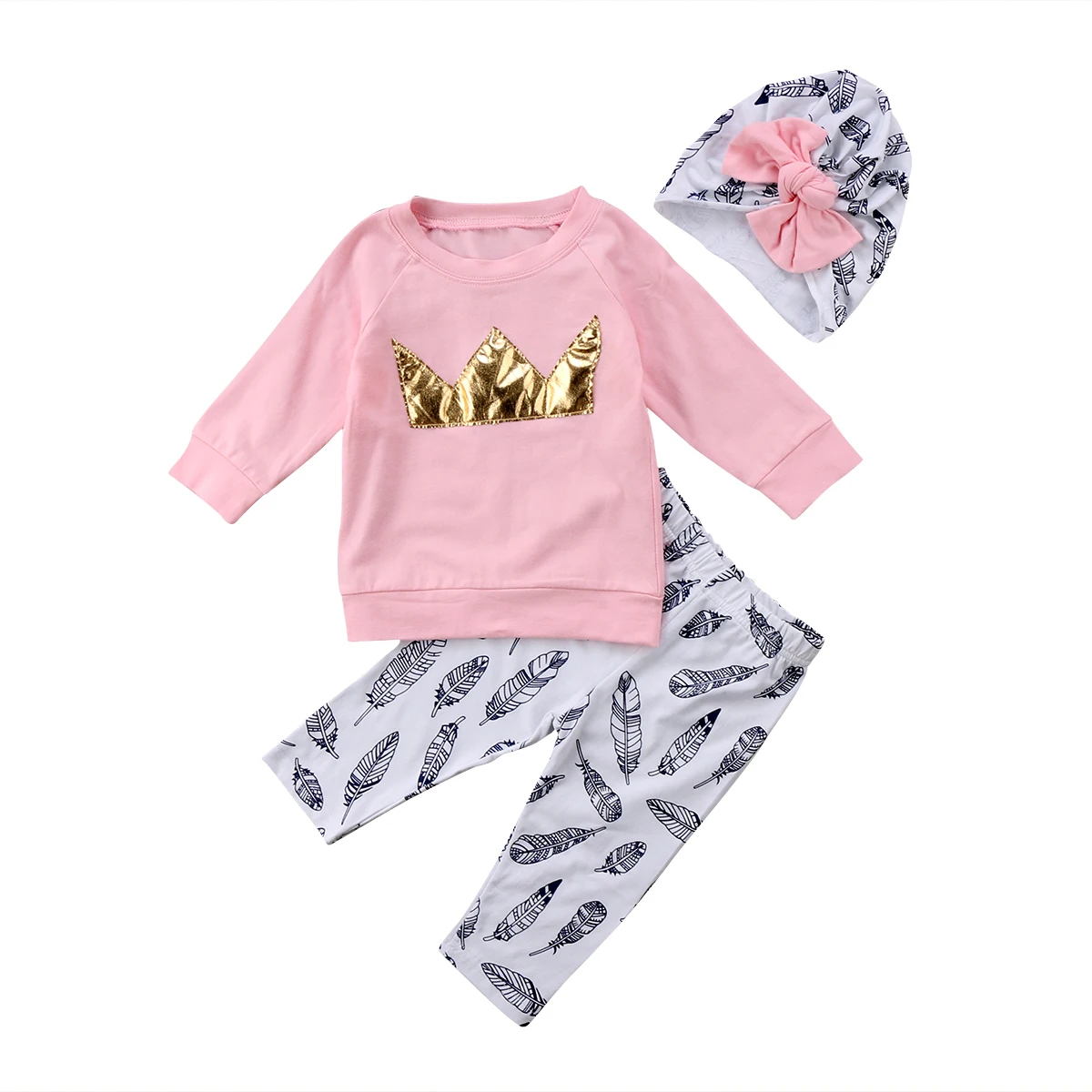 

Adorable Toddler Kid Baby Girl Pink Crown Tops T-shirt +Pants Clothes Outfits Hat 3pcs Size 0-4T