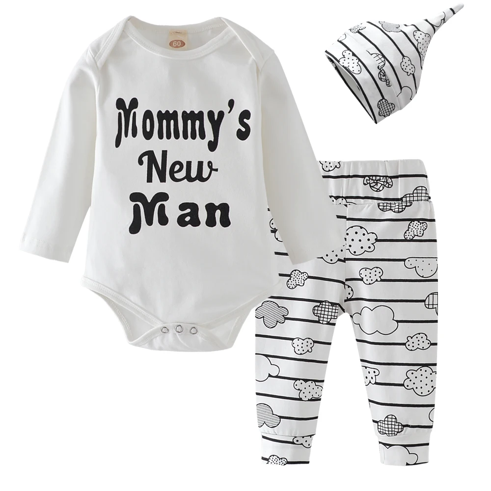 

3PCS Baby Clothing Set Newborn Baby Boys Letter Mommy's New Man Tops Bodysuit Cloud Pants Hat Cotton Outfits Clothes 0-24M