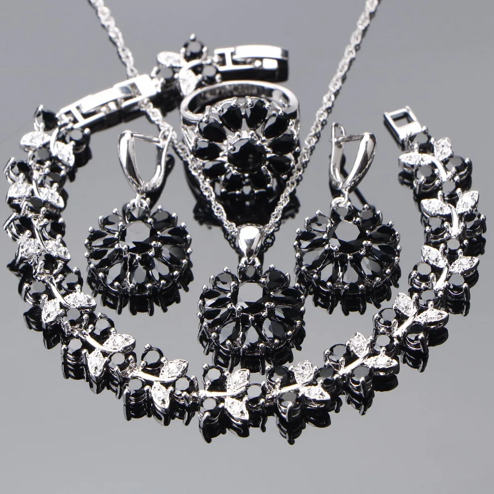

925 Sterling Silver Bridal Jewelry Sets Zirconia Black Stones Earrings For Women Necklace Pendant Rings Bracelet Set Gift Box