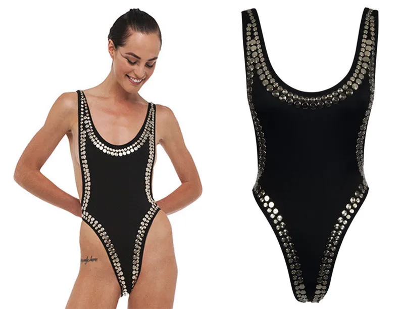 black studded one piece swimsuit