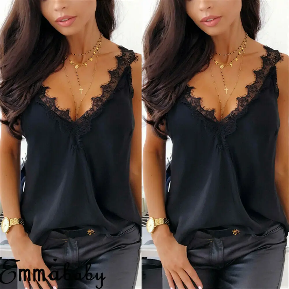 New Sexy Women's Summer Sleeveless Vest Tank Tops Blouse Tee Satin Silk Backless V-Neck Lace Solid Casual Shirts Cami Tops