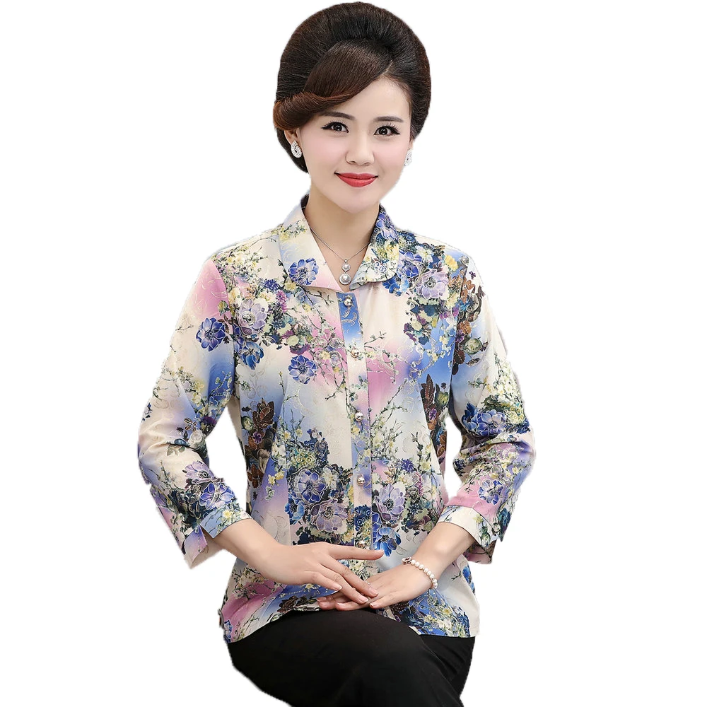 

Chinese Style Woman Elegant Shirts Flower Print Three Quarter Sleeve Top Female Turn Down Collar Blouse Middle Aged Women Shirts