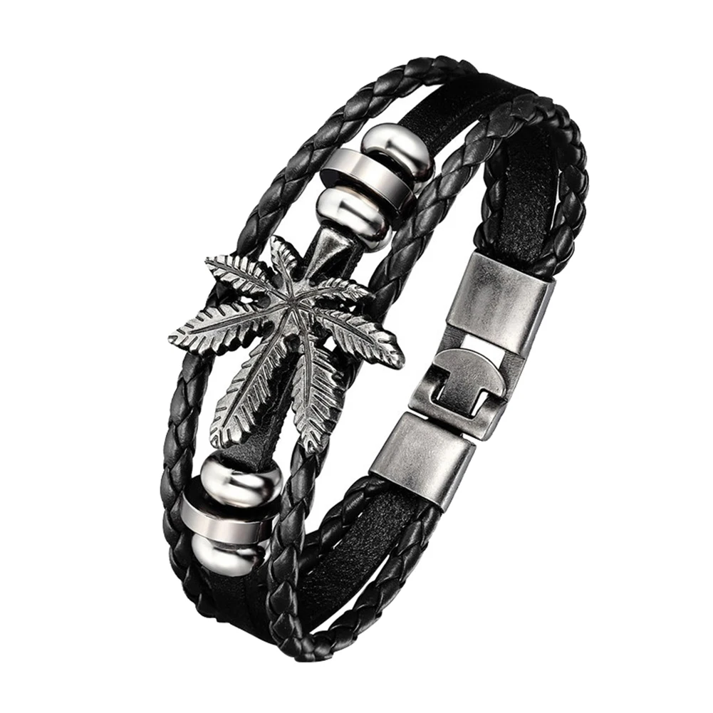 

Vintage Punk Faux Leather Bracelet for Men Women Maple Leaf Charm Bangle Cuff