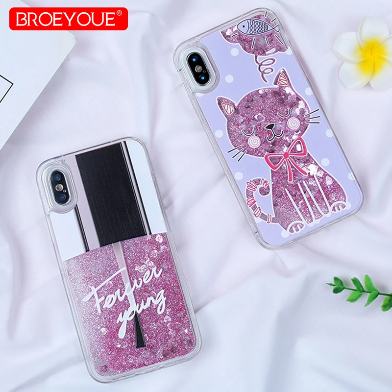 Чехол для Телефона IPhone X Bling Nail Cute Cat Polish Liquid Quicksand Case iPhone 7 8 Plus Coque 6 6S |