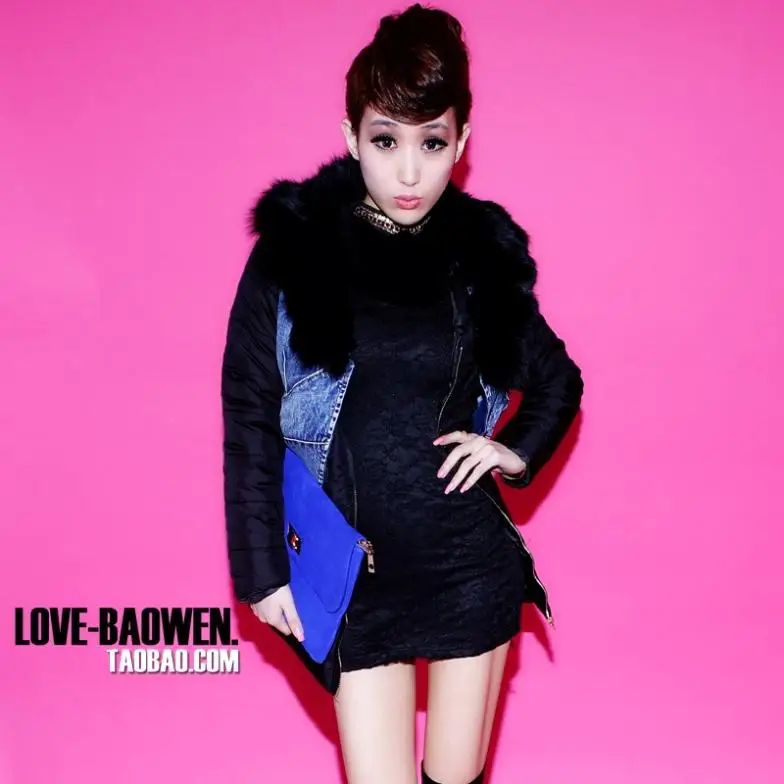 LOVE_BAOWEN. Collars cowboy splicing show thin medium style cotton-padded clothes jacket | Женская одежда
