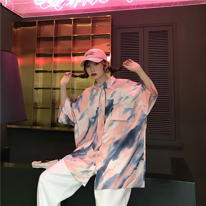 Harajuku Bf уличная Свободная рубашка с коротким рукавом женские летние рубашки Kawaii
