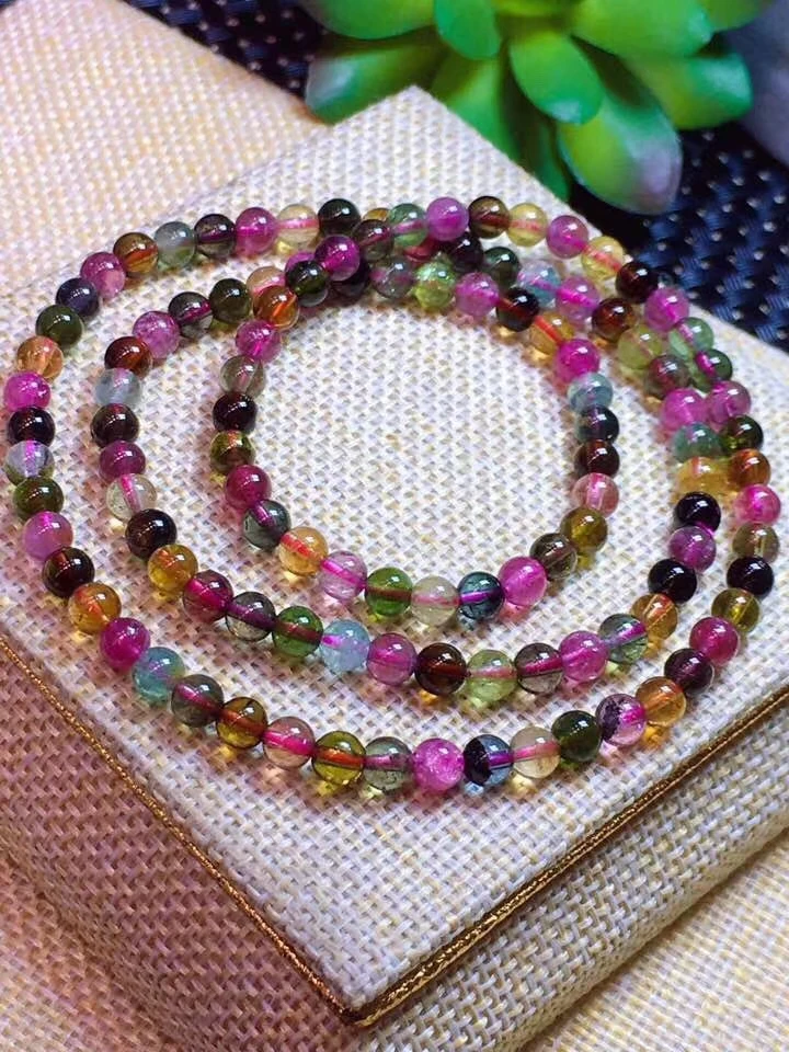 

Top Quality Natural Colorful Tourmaline Crystal Bracelets Woman Necklace 3 Laps 4.5mm Round Beads Brazil AAAAA Certificate