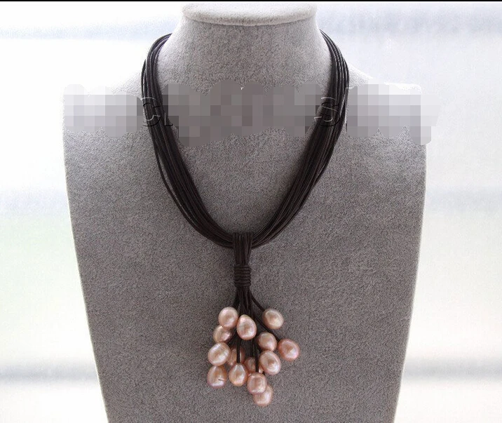 

I686P shipping Choker 16" 15row 14mm pink-purple pearls wine red leather necklace j9565