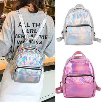 

NEW Women Hologram Holographic Bookbag School Backpack Travel Laser Shoulder Bag Transparent Reflective Hologram Holographic Bag