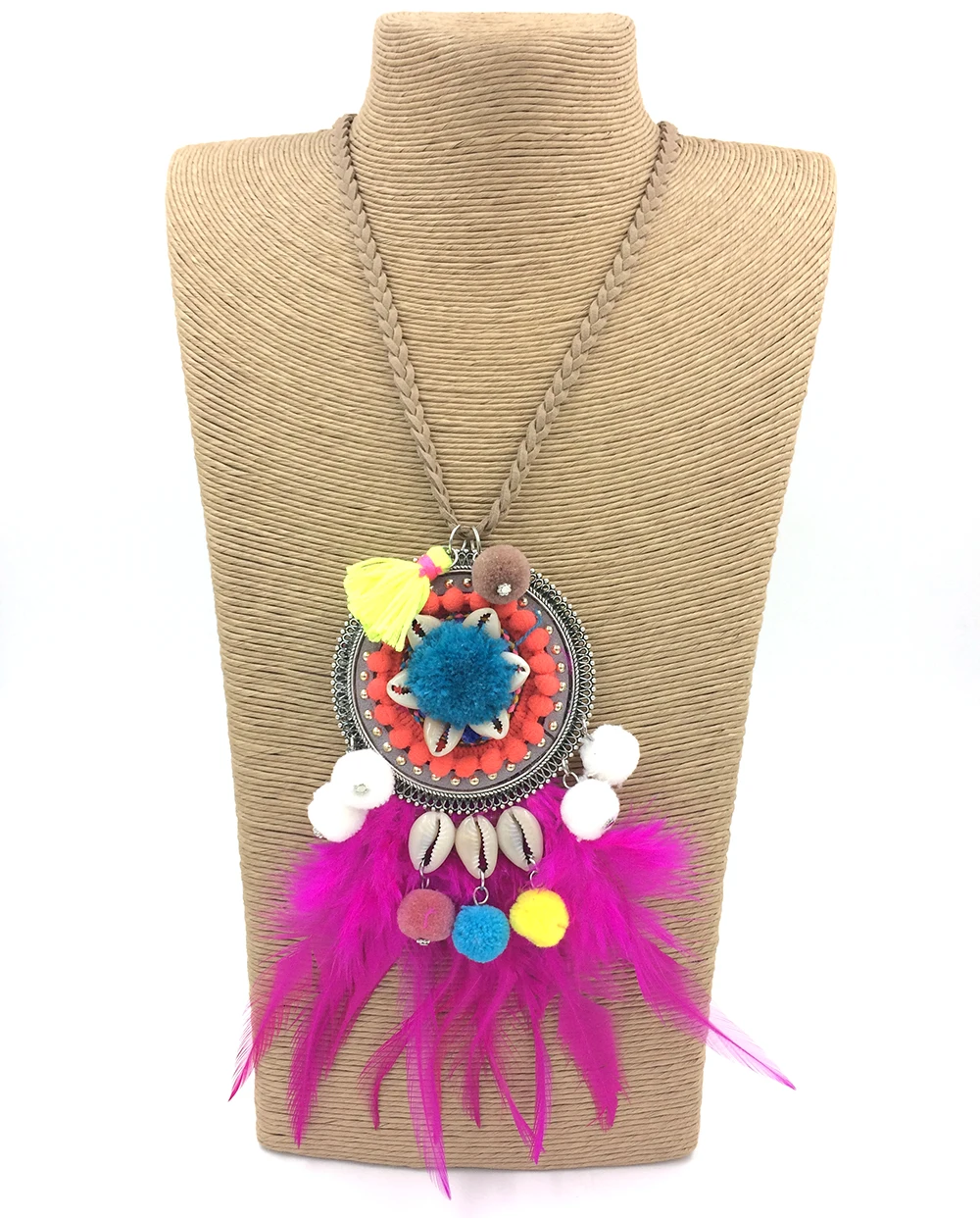 New Bohemian Handmade Purple Real Feather Tassel Pendants Long Necklace Leather Cord Ball Charm Pendants Summer Neclace