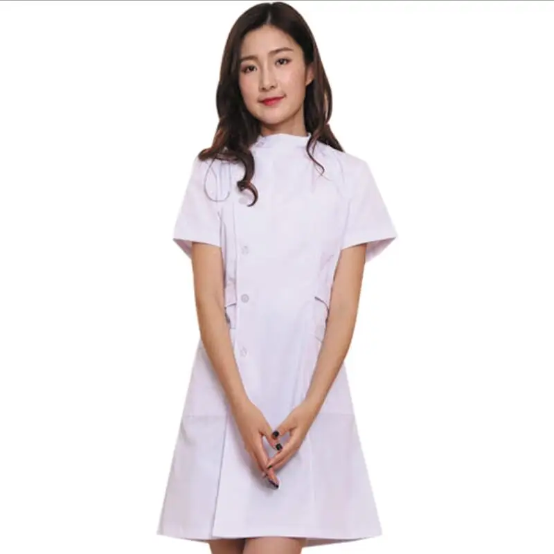 Новая мода короткий рукав стоячий воротник женское медицинское пальто униформа медицинская лабораторная куртка больница тонкая розовая синяя и белая форма медсестры - Цвет: white