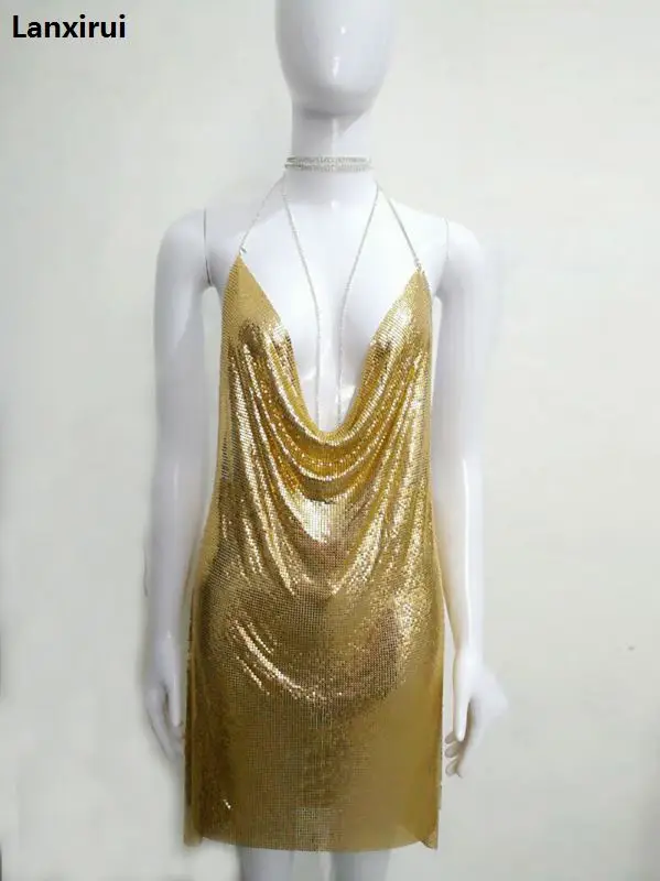 Сексуальный глубокий v-образный вырез с золотыми блестками металлик с лямкой на шее с открытой спиной Вечерние Платье Kendall Jenner для ночного клуба металла летнее платье