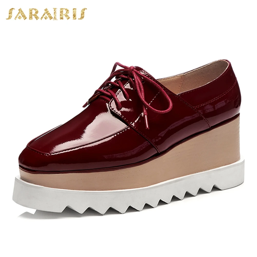 

Sarairis Big Size 33-42 Genuine Cow Leather Hot Sale Shoes Woman Flats Lace Up Flat Platform Squre Toe Hot Flats Woman Shoes