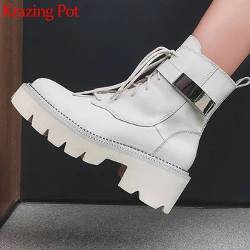 

krazing pot hot genuine leather thick bottom lace up med heels metal fasteners ankle boots luxury plus size motorcycle boots l72