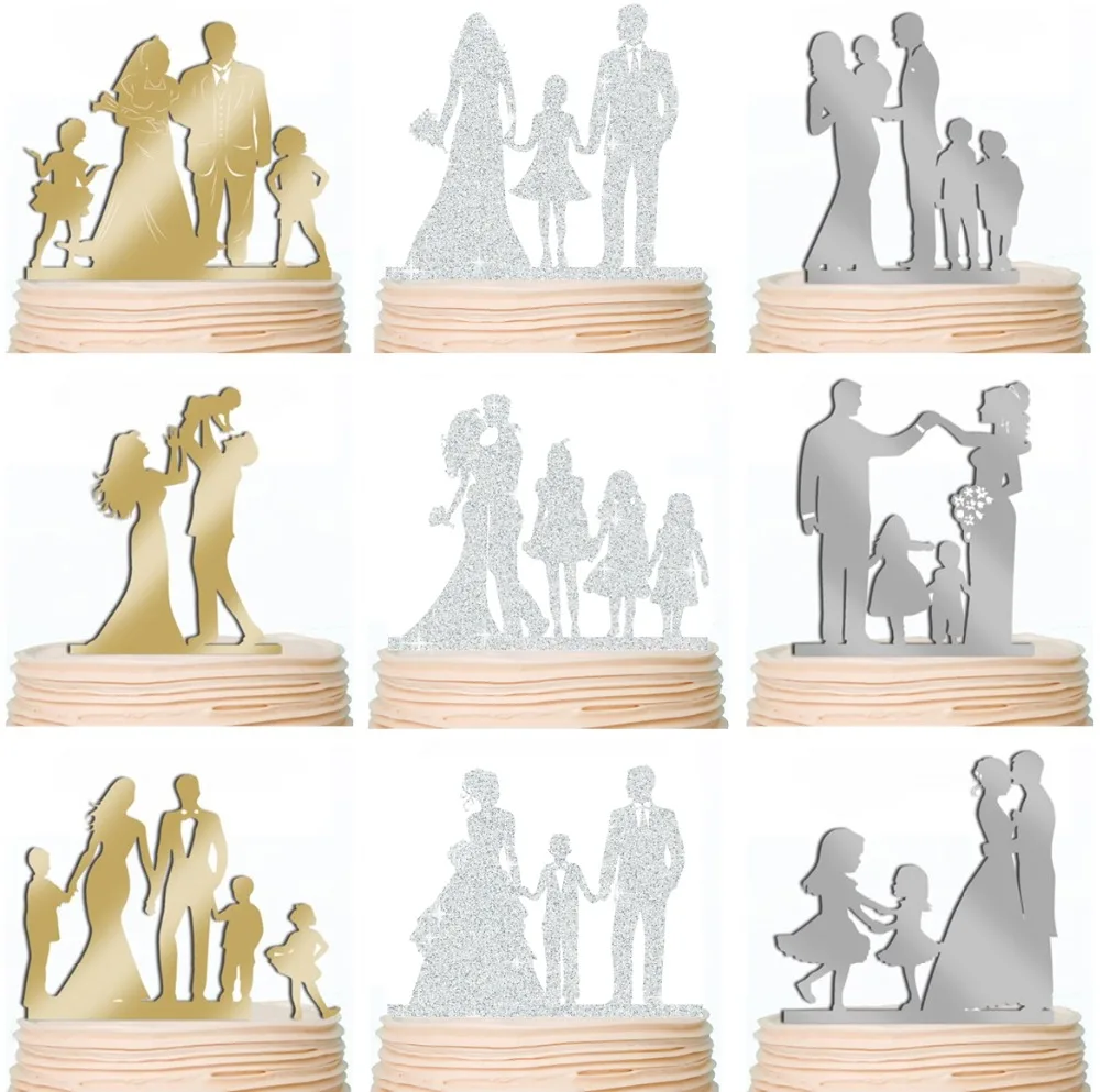 

Family Wedding Cake Toppers Bride and Groom Anniversary Personalized Kids Black Gold Silver Mirror Acrylic Wood Party Decorating