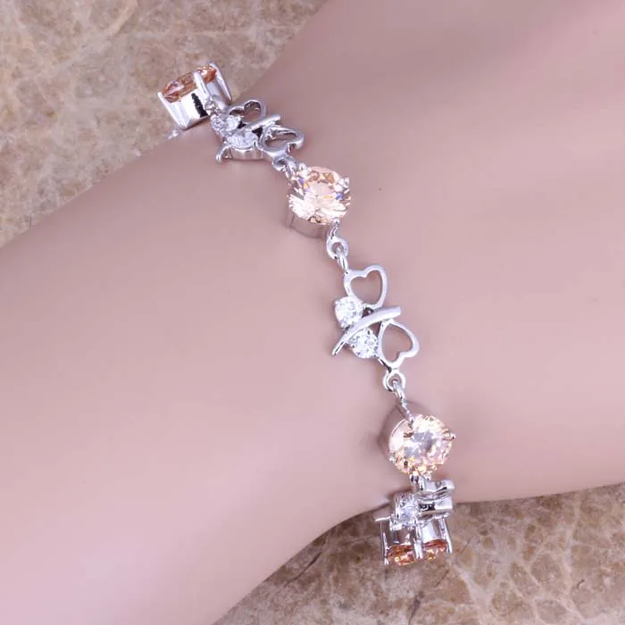 Champagne Morganite White CZ Silver Plated Link Chain Butterfly Bracelet 7 - 8 inch S0611 | Украшения и аксессуары