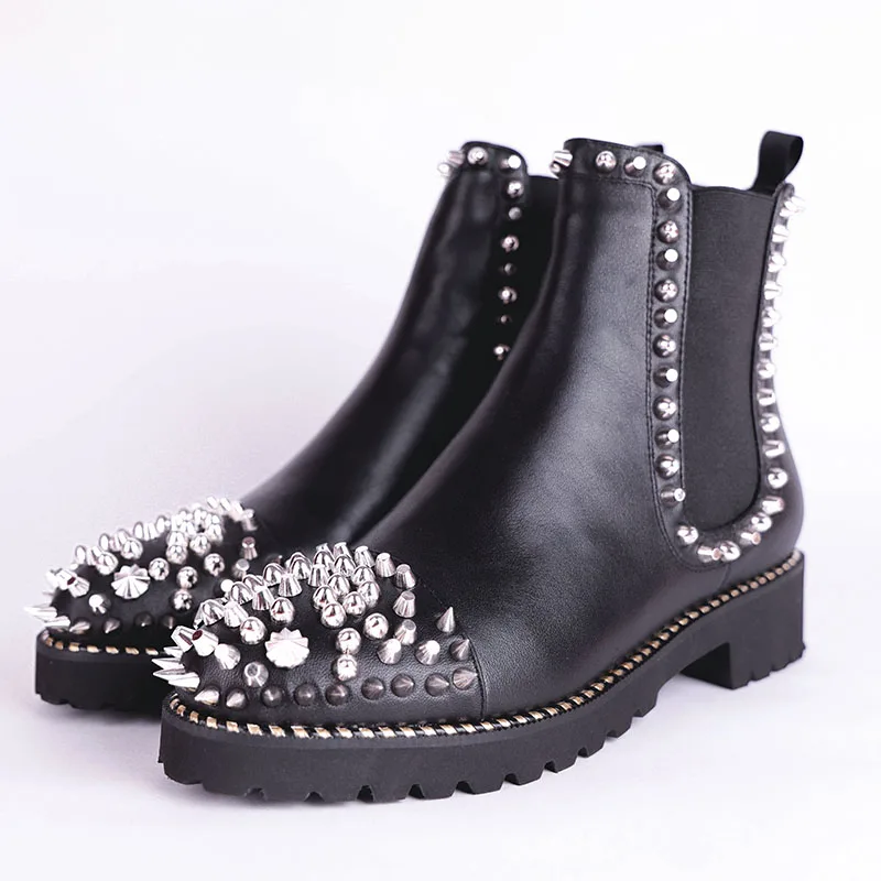 WETKISS/женские ботильоны в стиле панк; обувь с круглым носком; кожаные женские ботинки; модная повседневная обувь на толстом каблуке; коллекция года; сезон зима - Цвет: Черный