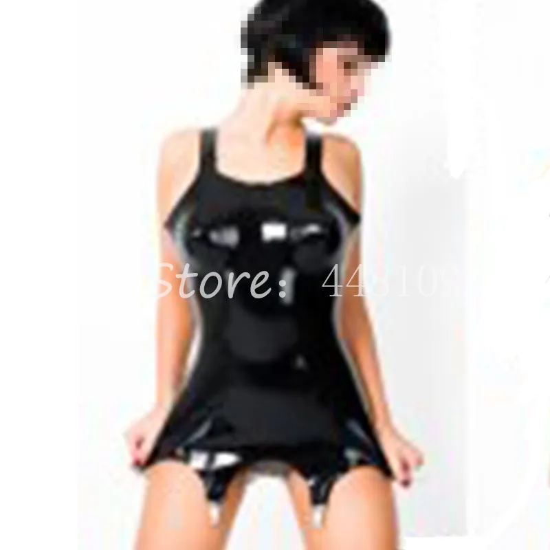 

Sexy Black Latex Rubber Tops Lady Sexy Vest with Clips for Stockings Females' Lingerie fetish open crotch