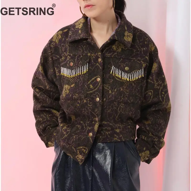 

GETSRING Women Jacket Retro Jacquard Beads Tassel Winter Coat Women Long Sleeve Asymmetrical Short Woolen Coat Woman Tops Autumn