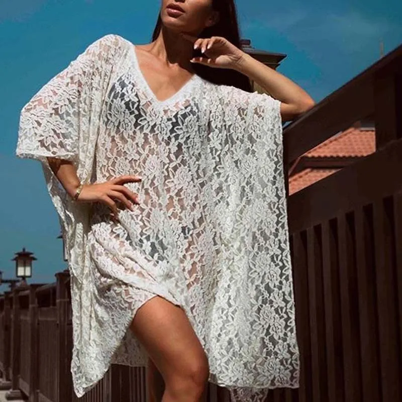 

Sexy Crochet beach V Neck Cover Up Split Swimwear Summer Outings Swimsuit See-through Cover Ups Women Beach Wear Dress