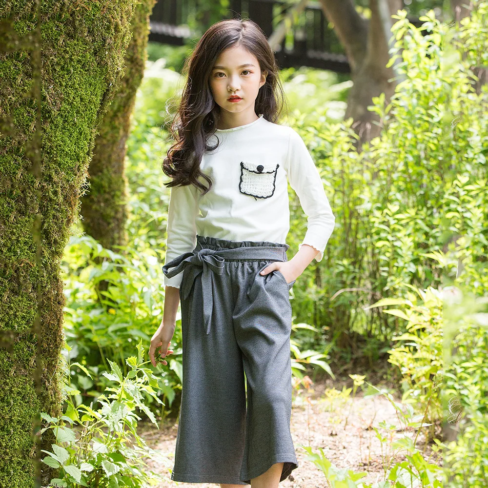 

New Summer Cotton Linen T Shirt + Wide Leg Pant 2Pcs Suit Kids Clothes Set Girls Clothing Set Teen Girls Outfits Sets CA595