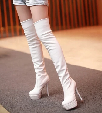 Плюс: 34-42, 43 круглый носок женские мотоциклетные botas mujer выше колена ботинки с высоким голенищем на платформе 14 см тонкие каблуки вечерние свадебный ботинок - Цвет: Белый