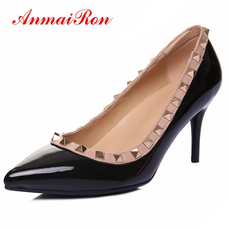 

ANMAIRON Patent Leather Pointed Toe Shoes Woman High Heel Fashion Shoes Casual Slip-On Pumps Women Shoes Size 34-40 LY365