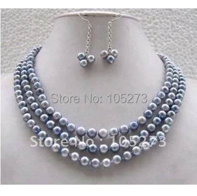 

Elegant! pearl jewelry set AA 7-8MM 3rows Gray color Genuine freshwater pearl necklace +earring Nice jewelry Free shipping NF170