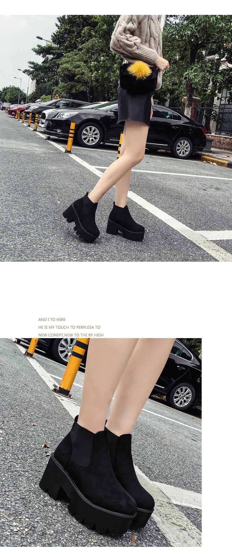 GBHHYNLH/модные черные женские ботильоны на толстом каблуке; Новинка; Осенняя обувь из флока на платформе; женские ботинки на молнии на высоком каблуке; LJA482