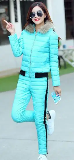 Женский спортивный костюм, зимнее женское пальто из искусственного меха, пуховик+ хлопковые длинные штаны, костюмы для женщин, модные хлопковые комплекты из двух предметов - Цвет: Небесно-голубой