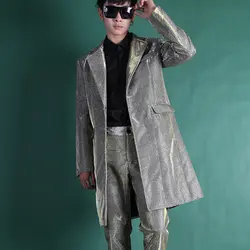 Для мужчин комплекты (куртка + штаны) Мужской Длинные Сияющий Повседневное модные обтягивающие блейзеры куртка певица танцевальный