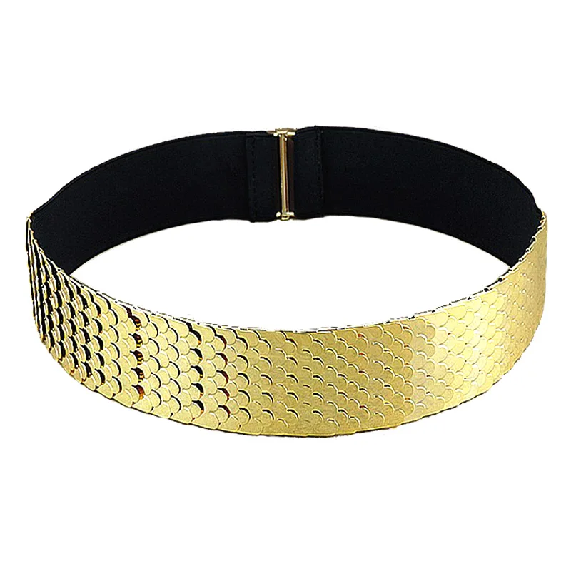 Hot sell female gold fish scale metal elastic wide belts girdle for women party shiny