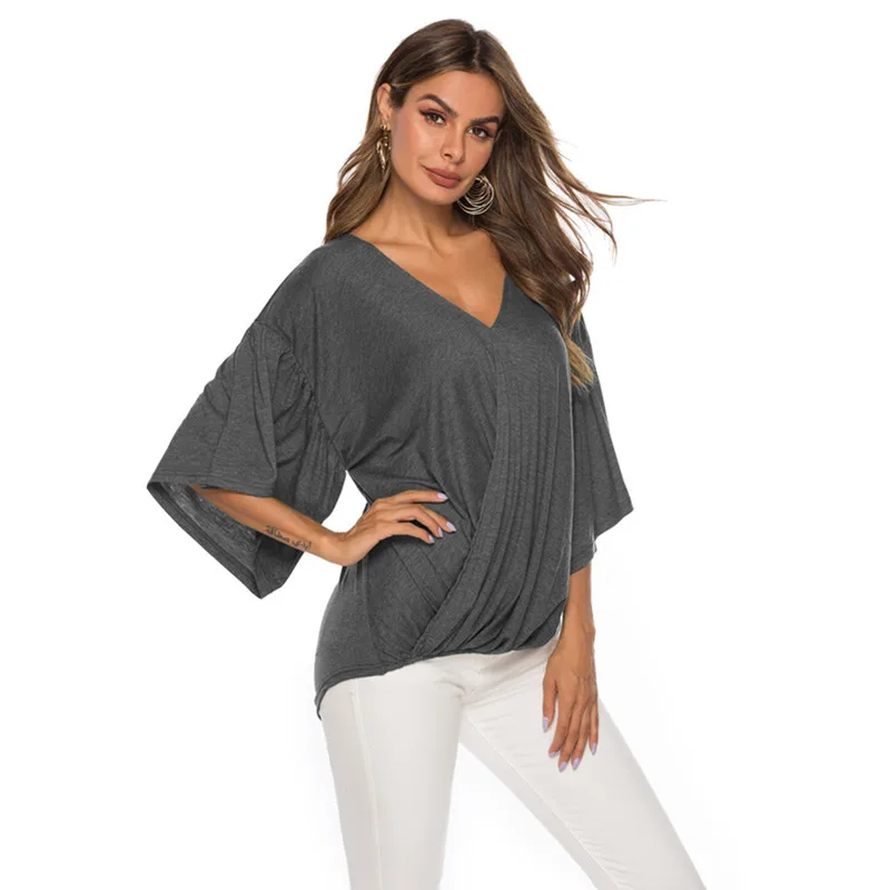 

2019 New Summer T Shirt Women Loose T-shirt Solid V Neck Ruffle sleeve Hem Long tshirt Casual Top female