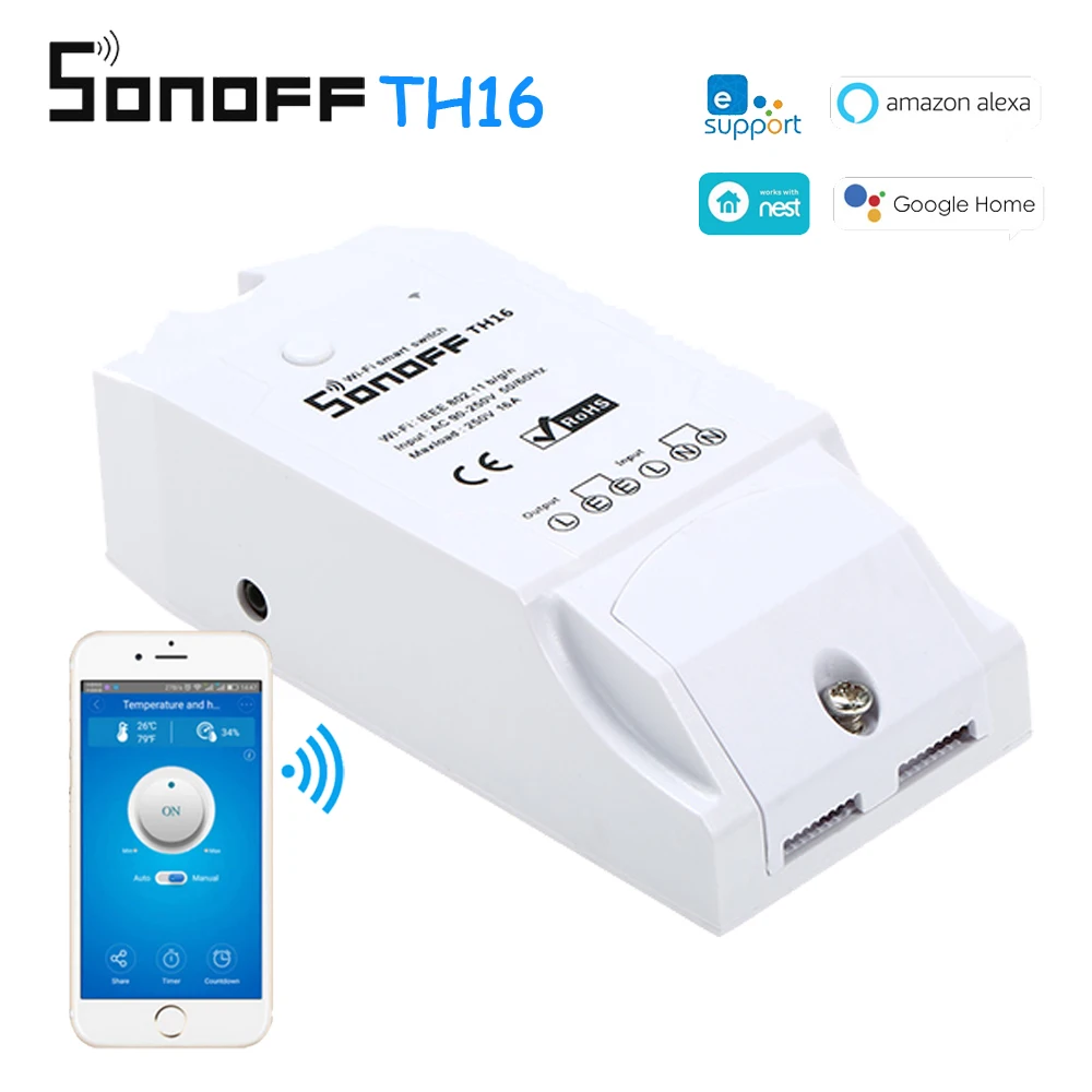 SONOFF TH16 16A/3500 Вт умный Wifi переключатель для мониторинга температуры и влажности беспроводной домашний комплект автоматизации для Alexa Google Home/Nest