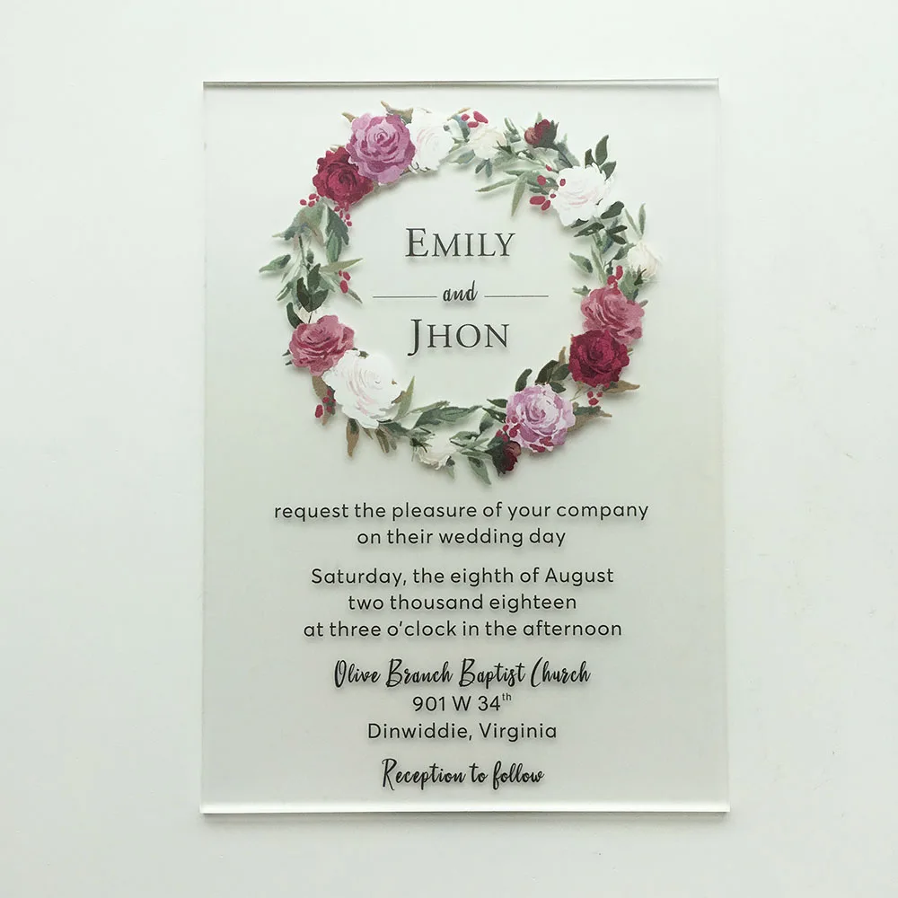 

Customized Rustic Floral Watercolor Style 5x7inch Frosted Acrylic Wedding Invitation Card 100sets Per Lot